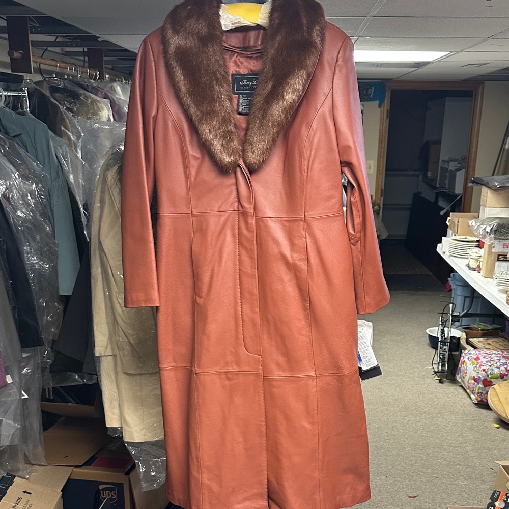 Terry Lewis Classic Luxuries Terracotta Leather Trench Coat with Faux Fur Collar